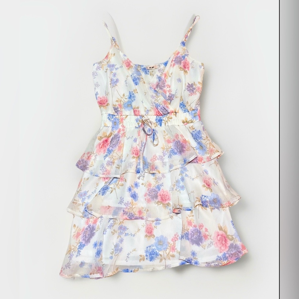 FRANCESCA’S Mi Ami Women’s Ivory Floral Tier Chiffon Mini Dress